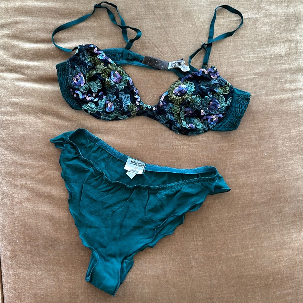 Embellished Bra Panties Lingerie from Moschino Italy Sequenced Cups Silk